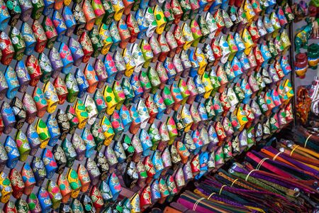 Old Medina souk Fez, artisan shop of colorful moroccan leather, Fez, Morocco.の写真素材