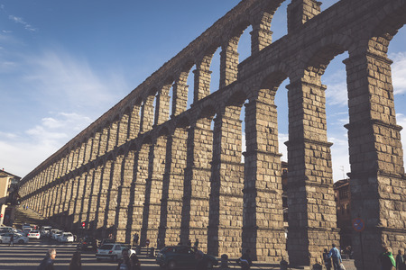 Segovia, Spain - May 6: The Roman Aqueduct of Segovia and the square of the Azoguejo, in Segovia, Spainのeditorial素材