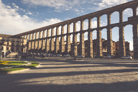 Segovia, Spain - May 6: The Roman Aqueduct of Segovia and the square of the Azoguejo, in Segovia, Spainのeditorial素材