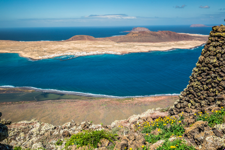 View of Graciosa Island from Mirador del Rio, Lanzarote Island, Canary Islands, Spainの写真素材