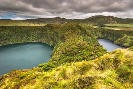 Azores landscape with lakes in Flores island. Caldeira Comprida Funda. Portugalの写真素材