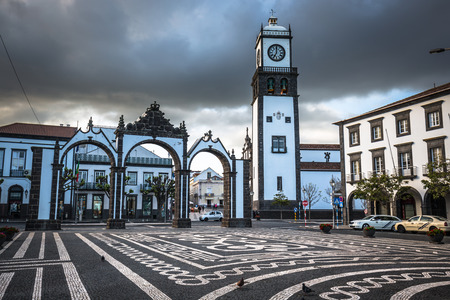 Ponta Delgada, Azores, Portugal - April 20, 2015: Portas da Cidade (Gates to the City) - historic entrance to the town of Ponta Delgada on Sao Miguel island, Azoresのeditorial素材