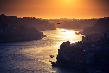 hill with old town of Porto at sunset close up, Portugalの写真素材