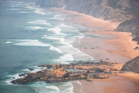 Sandy Castelejo beach, famous place for surfing, Algarve region, Portugalの写真素材