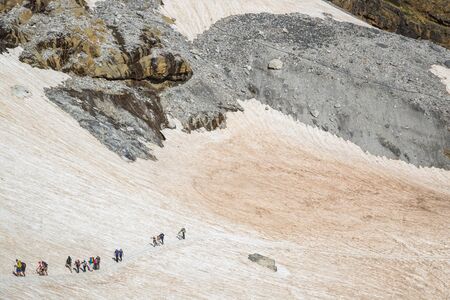 People traveling in mountains Large group of touristsのeditorial素材