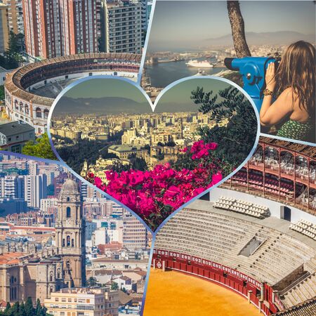 Collage of of Malaga with bullring and harbor. spainの写真素材