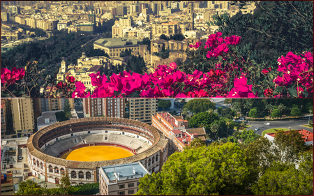 Collage of of Malaga with bullring and harbor. spainの写真素材