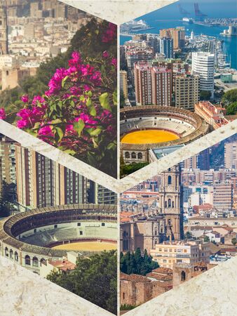 Collage of of Malaga with bullring and harbor. spainの写真素材