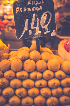 Fruits and vegetables stall in La Boqueria, the most famous market in Barcelona.の写真素材