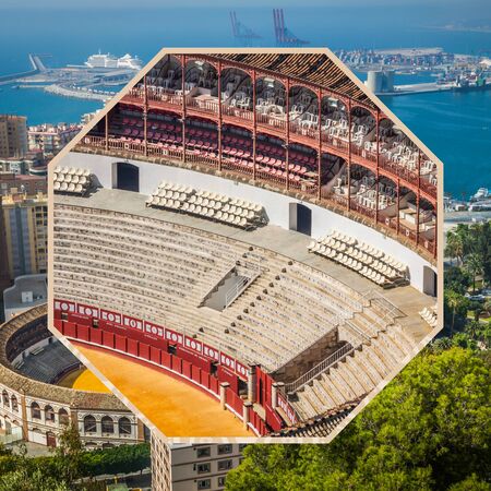 Collage of of Malaga with bullring and harbor. Spainのeditorial素材