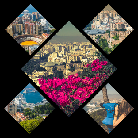 Collage of of Malaga with bullring and harbor. Spainの写真素材