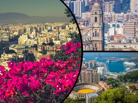 Collage of of Malaga with bullring and harbor. Spainの写真素材
