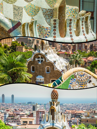 Collage of Park Guell in Barcelona, Spainのeditorial素材