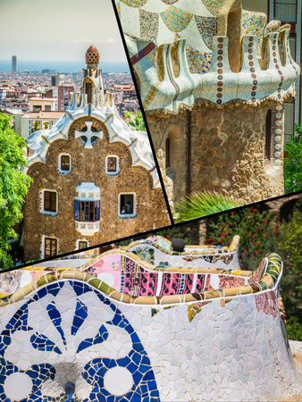 Collage of Park Guell in Barcelona, Spainのeditorial素材