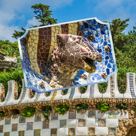 Collage of Park Guell in Barcelona, Spainのeditorial素材