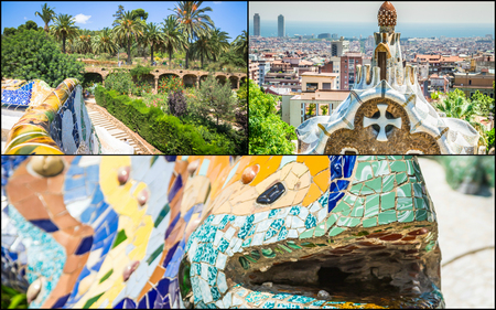 Collage of Park Guell in Barcelona, Spainのeditorial素材
