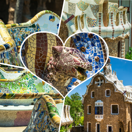 Collage of Park Guell in Barcelona, Spainのeditorial素材