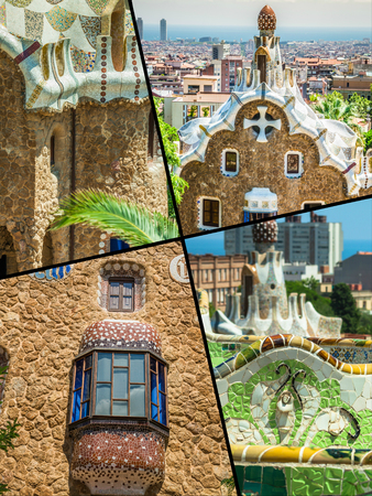 Collage of Park Guell in Barcelona, Spainのeditorial素材