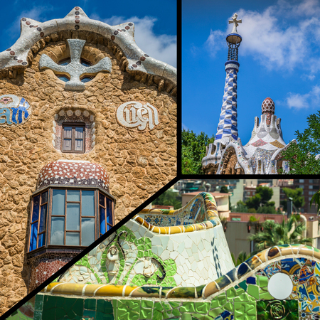 Collage of Park Guell in Barcelona, Spainのeditorial素材