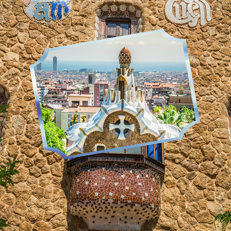 Collage of Park Guell in Barcelona, Spainのeditorial素材