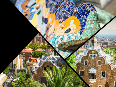 Collage of Park Guell in Barcelona, Spainのeditorial素材