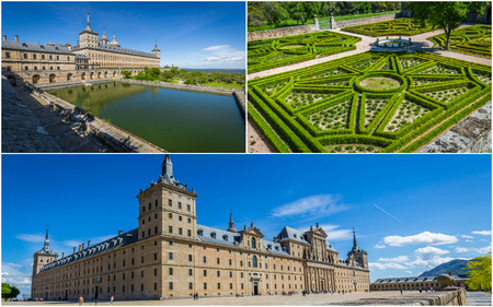 Collage of Park in Castle Escorial at San Lorenzo near Madrid Spain.のeditorial素材