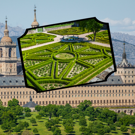 Collage of Park in Castle Escorial at San Lorenzo near Madrid Spainのeditorial素材