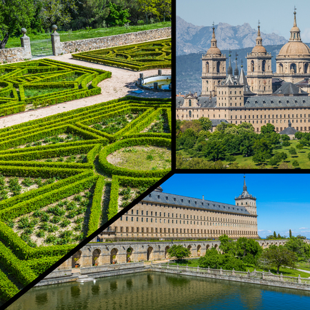 Collage of Park in Castle Escorial at San Lorenzo near Madrid Spainのeditorial素材