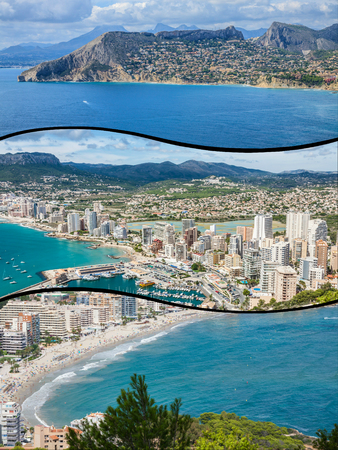 Collage of Calpe in Alicante Arenal Bol beach with Penon de Ifach mountain in Mediterranean Sea of ??Spain.の写真素材