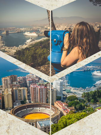 Collage of Panoramic view of the harbor and the bullring Malaga Spainのeditorial素材