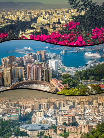 Collage of Panoramic view of the harbor and the bullring Malaga Spainのeditorial素材