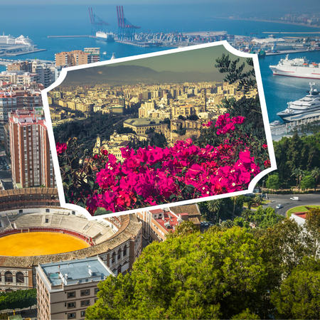 Collage of Panoramic view of the harbor and the bullring Malaga Spainのeditorial素材