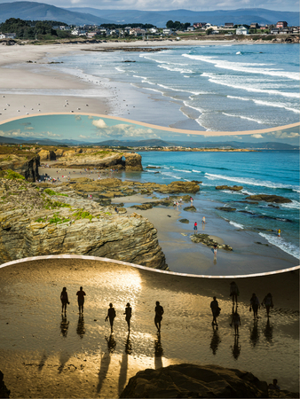 Collage of tourist photos of Playa de las Catedrales Beach