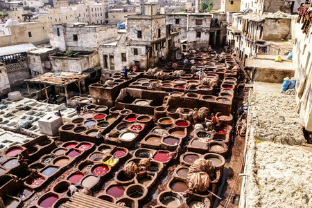 Tanneries of Fes, Morocco, Africa Old tanks of the Fez's tanneries with color paint for leather, Morocco, Africaのeditorial素材