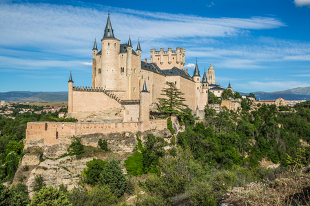 Segovia, Spain. The famous Alcazar of Segovia, rising out on a rocky crag, built in 1120. Castilla y Leon.の写真素材