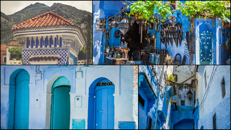 Collage of the streets in Chefchaouen in Morocco.の写真素材