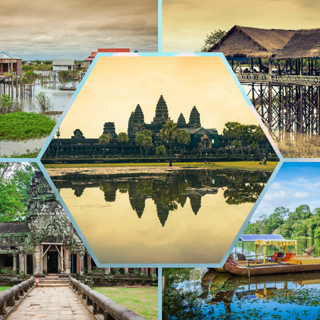 Collage of Cambodia and the stone faces.の写真素材
