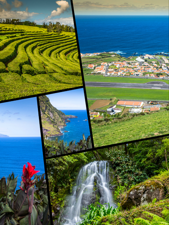 Collage of Azores panoramic landscape from lagoons Portugalの写真素材