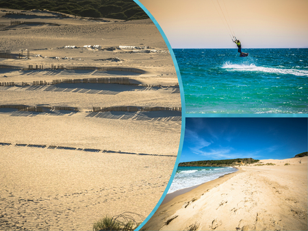 Collage of beach dunes in Tarifa, Spain.の写真素材