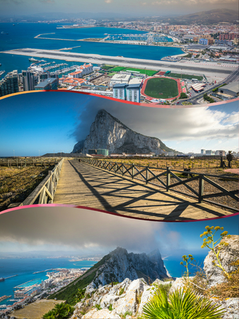 Collage of tourist photos of the Gibraltar British island.の写真素材