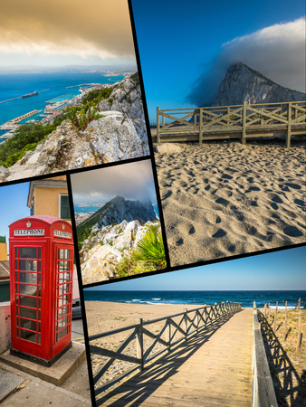 Collage of tourist photos of the Gibraltar British island.の写真素材