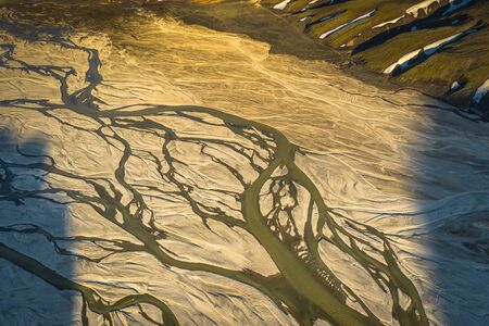 Aerial photograph of a glacial river system in the south of Icelandの写真素材