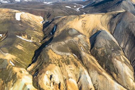 The rainbow rock of Landmannalaugar.Aerial view of beautiful colorful volcanic mountainsの写真素材