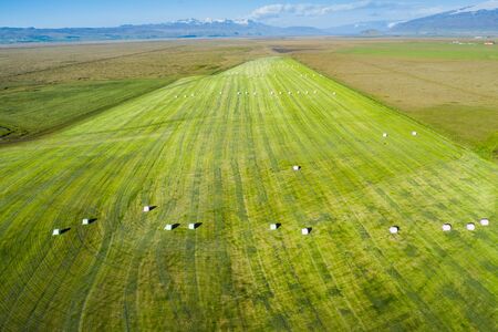 Aerial view of round hay bales