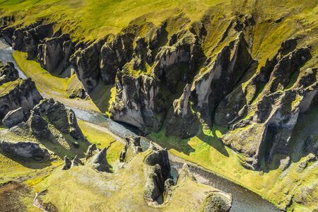 Aerial view of Fjadrargljufur canyon, Iceland.の写真素材