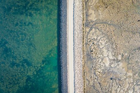 Aerial view on road in Iceland. Aerial landscape above highway. Icelandic landscape from air.