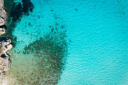 Aerial drone photo - The famous Blue sea in the Mediterranean Sea. Comino Island, Malta.