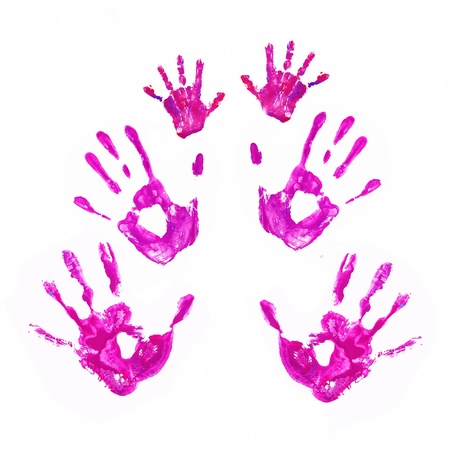 Hand prints of father, mother and child. Together concept. Isolated on white background. の写真素材
