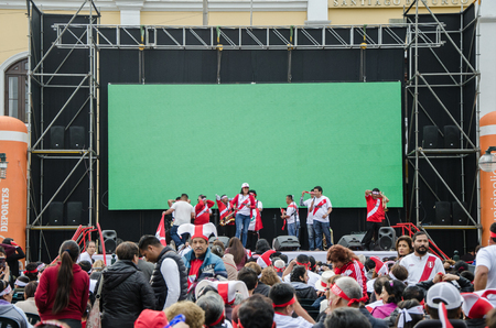 Lima, Peru - OCTOBER 10th 2017: Fanaticism in Peru (Peru vs. Colombia) Russia 2018. eople concentrated in the Plaza de Surco - Lima - Peru waiting for the match between Peru and Colombiaのeditorial素材
