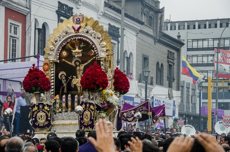 Lima, Peru - OCTOBER 28th 2017: Procession of the Lord of Miracles. As every year, the devotees accompany the dark-haired Christ through the streets of downtown Limaのeditorial素材